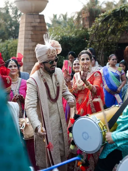 The groom dancing his heart out in the baraat. I ensure the music and atmosphere are electric to get everyone in the celebratory spirit.