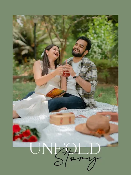 A joyful, candid moment from a picnic shoot, with a text overlay that speaks to the unfolding of their love story.