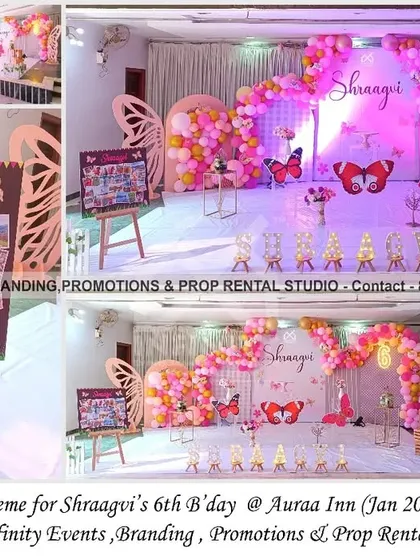 We love bringing whimsical themes to life, like this beautiful butterfly celebration for a 6th birthday at Auraa Inn. The setup features a flowing organic balloon garland in shades of pink and orange, large laser-cut butterfly wing props, and a personalized backdrop, creating an enchanting photo zone for the birthday girl.