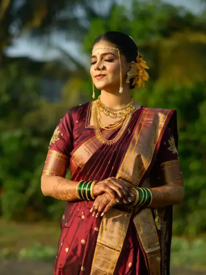 A serene outdoor portrait where the bride's natural glow is enhanced by the soft morning light.