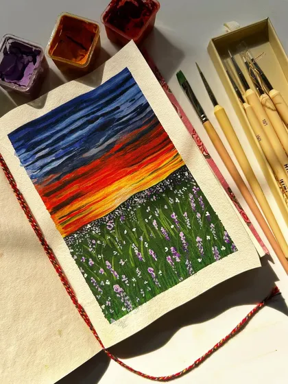 A dramatic sunset over a field of lavender. I love the contrast between the fiery sky and the cool purple of the flowers in this gouache painting.