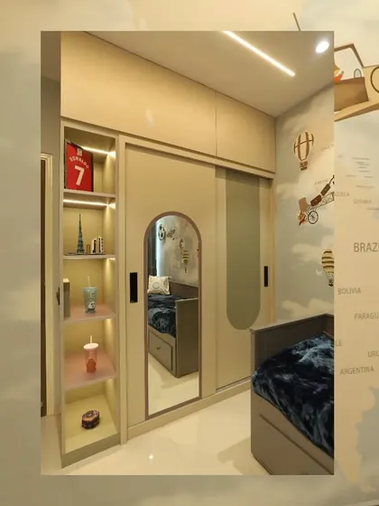 A collage showing the cohesive design of the travel-themed room, from the world map wall to the custom wardrobe and bed.