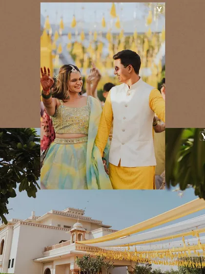 A collage from a vibrant haldi ceremony in Jodhpur. It captures the couple's happy dance, the beautiful palace venue, and the festive yellow decor.