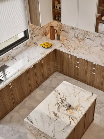 A render of a spacious kitchen with a large island, both topped with a warm-toned marble. The combination of wood-finish cabinets and clean white upper cabinets creates a bright and airy feel.
