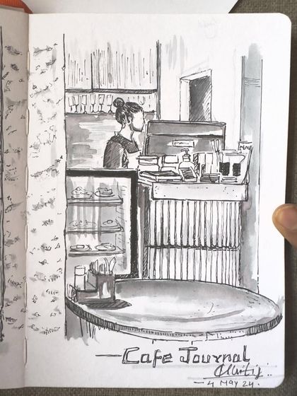 A live sketch from Cafe Journal. Capturing the baristas at work is always a fun challenge.