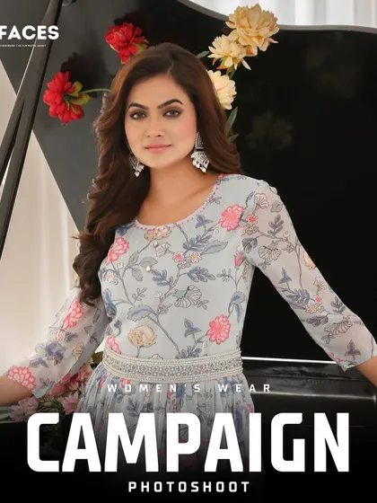 A model poses by a grand piano in a beautiful floral-printed ethnic gown. The creative setting adds a touch of elegance and storytelling to this campaign photoshoot.