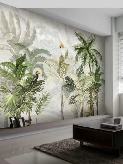 A minimalist tropical wallpaper with green plants and birds against a subtle marble-textured background.