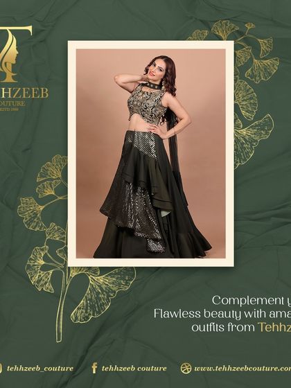 Complement your flawless beauty with amazing outfits from Tehhzeeb. This layered green lehenga with an embroidered blouse is a perfect example.