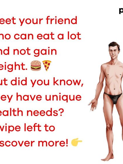An informational carousel for people who can eat a lot without gaining weight. It explains that even with a high metabolism, they need nutrient-rich foods, especially healthy fats, and are often sensitive to substances like alcohol and sugar.