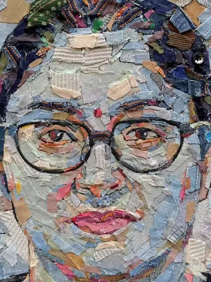 Our collection features innovative artists who push creative boundaries. This stunning portrait is crafted entirely from discarded denim scraps, turning waste into a textured, expressive masterpiece and showcasing our commitment to sustainable and unique art forms.