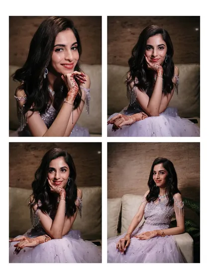 A collage of four portraits showcasing the bride's playful and happy personality, capturing different expressions and poses in her beautiful engagement gown.