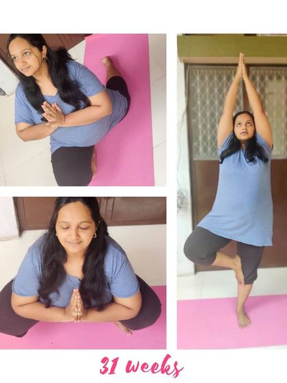 Another beautiful mama at 31 weeks, finding balance in Tree Pose and openness in deep squats.