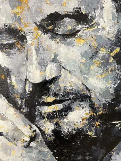 Titled 'Plato’s Discourse', this 5x4 feet portrait captures a moment of deep thought. The monochromatic palette with hints of gold leaf adds a classic, philosophical weight to the piece, inviting quiet contemplation.