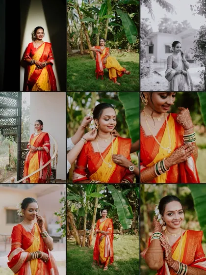 A collage of bridal portraits, showing the bride in various poses and capturing different details of her look.