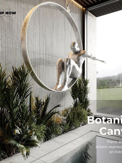 This image highlights the concept of a "Botanical Canvas," where plants are used as a form of artistic expression. The striking sculpture and greenery create a powerful visual statement.