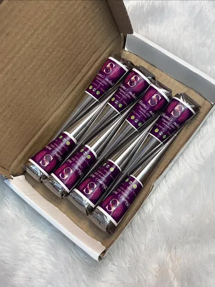 Here are my Signature Organic Henna Cones, boxed up and ready to go. Each cone is handmade and rolled by me with a super fine tip for detailed work. I use a 100% organic paste that is smooth and guaranteed not to clog.