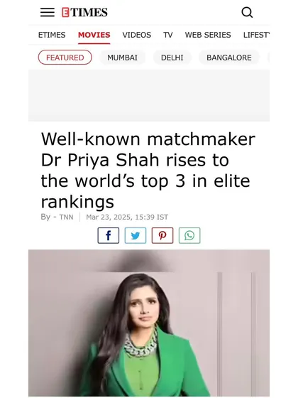 The Times of India, Etimes, and Times Ascent have chronicled my journey extensively, from receiving the Inspiring Entrepreneur Award to being ranked among the world's top 3 elite matchmakers. These articles detail my philosophy of creating 'organic connections' and building a heritage institution for arranged love marriages.
