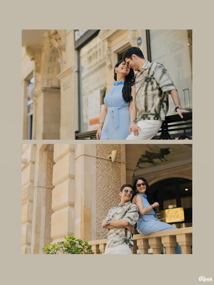 A stylish diptych of a couple posing against the beautiful architecture of Baku. This format is great for showcasing different angles and moods from a single location.