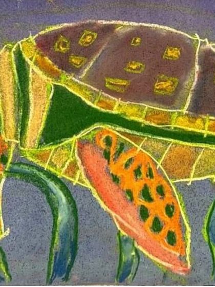 A beautiful drawing of a sea turtle, using oil pastels to create rich textures and blended colors on its shell and flippers.