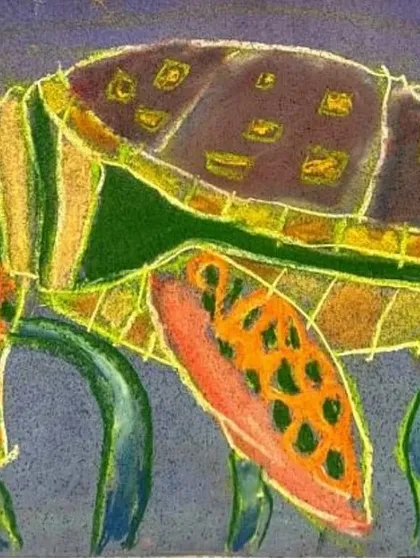 A beautiful drawing of a sea turtle, using oil pastels to create rich textures and blended colors on its shell and flippers.