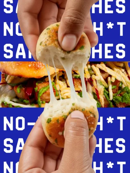 The "reveal" of the Thecha Chip Butty sandwich, showing the cheesy, spicy, and crunchy interior.