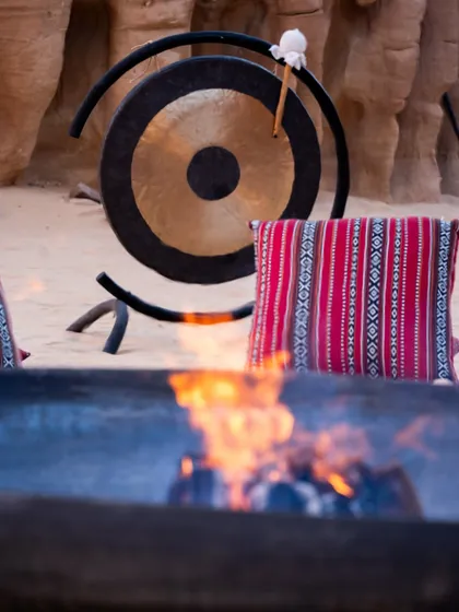 The sacred sound of the gong is a key part of our healing. During a sound bath like this one in the Al-Ula desert, the vibrations wash over you, clearing energetic blocks and guiding you into a state of deep meditation and release.