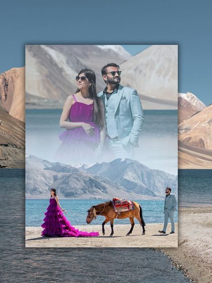 A collage that tells the story of a Leh adventure. It combines a wide shot with a horse, an intimate portrait, and a scenic view, giving a complete picture of this epic destination pre-wedding shoot.