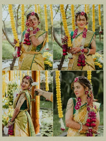 A collection of candid and posed portraits of the beautiful bride, capturing her joy and elegance during the Haldi function.