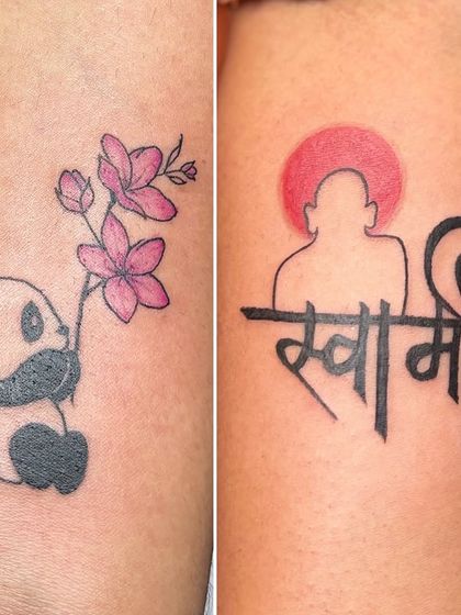 A collage of two spiritual tattoos. On the left, a cute panda with flowers, and on the right, a "Swami" script tattoo with a red sun, showing the variety of meaningful designs we do.