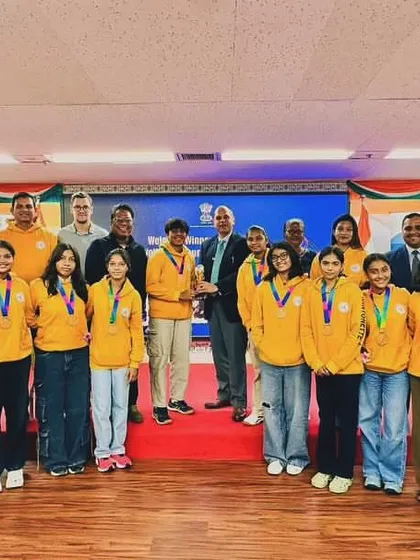 The full team photo at the Indian Consulate. This recognition highlights the significance of representing India on an international stage.