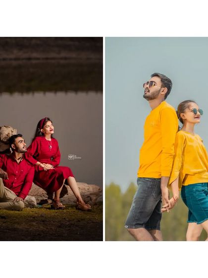 A diptych showing two different looks from a pre-wedding shoot, one romantic by the water and the other fun and casual in matching yellow outfits.