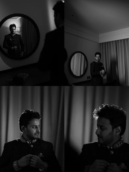 A stylish black and white collage showing the groom getting ready for his engagement, capturing moments of anticipation and reflection.
