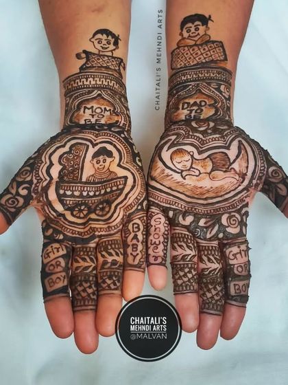 This full baby shower design is filled with joy. It features multiple baby figures, a cradle, "Mom to be" and "Dad to be" text, and even a playful "Girl or Boy" question on the fingers.