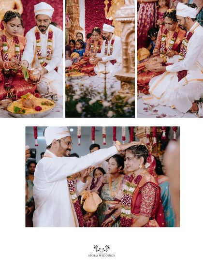 A collage capturing various sacred rituals from a traditional South Indian wedding, showcasing the depth of the ceremony.