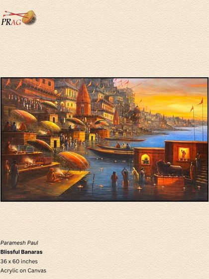 The warm, glowing light in "Blissful Banaras" by Paramesh Paul is enhanced by the simple, dark frame. This choice ensures that the frame supports the mood of the painting without overpowering it.