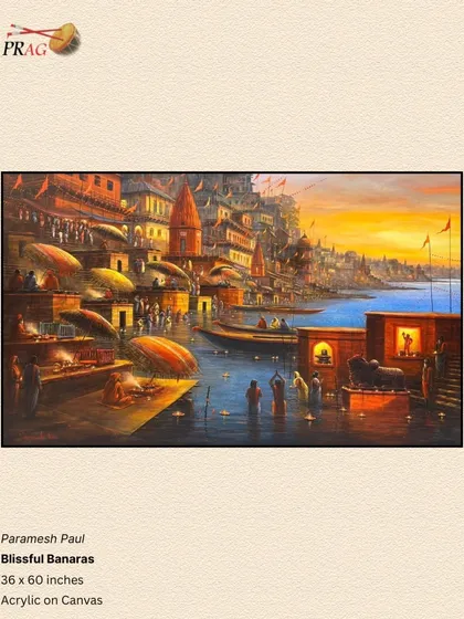 'Blissful Banaras' by Paramesh Paul, capturing a spiritual ceremony on the ghats as the sun sets over the holy river.