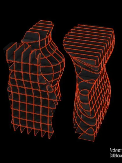 A wireframe diagram showing the computational model used to generate the form of the 'Stradata' installation. This reveals the digital process and iterative logic that underpins the seemingly organic final structure.