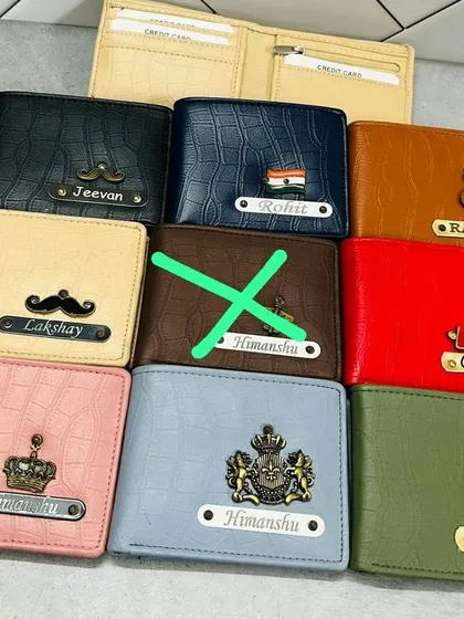More examples of the croc-textured wallets in various colors like cream, blue, pink, and green, each with a unique name and charm combination.