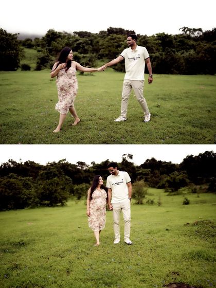A collage showing the couple walking hand-in-hand through a green meadow, capturing the feeling of a shared, joyful journey.