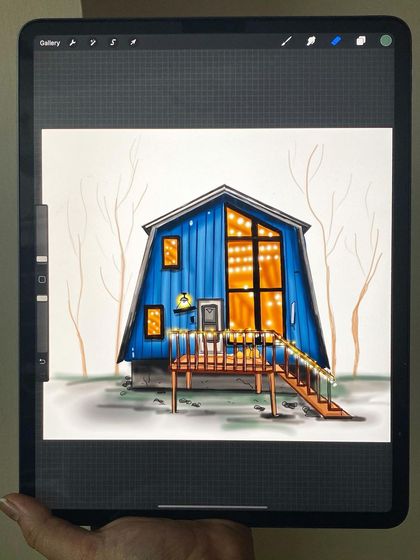 A cozy blue cabin in the woods, illustrated on my iPad. This piece demonstrates how to create atmosphere and warmth using lighting effects and simple textures in Procreate.