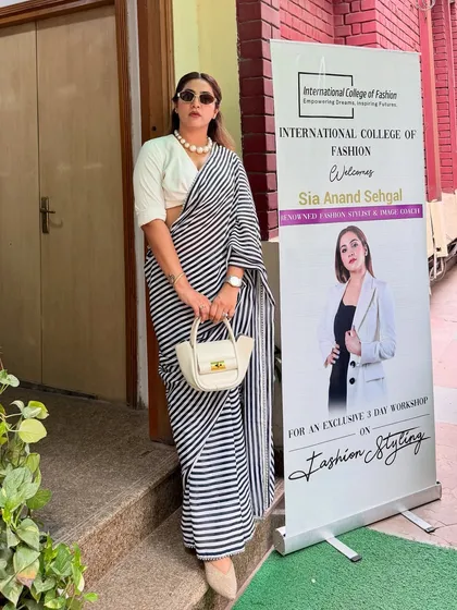 Here I am at the International College of Fashion, ready for day two of my workshop. I restyled this timeless striped saree from my bridal trousseau with a white shirt as a blouse to give it a modern, chic twist.