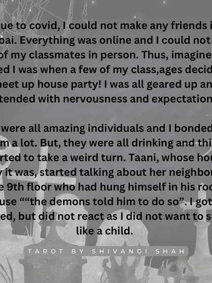 A story of a house party where a group visits the apartment of a boy who had hung himself, leading to nightmares and a lingering spiritual presence.