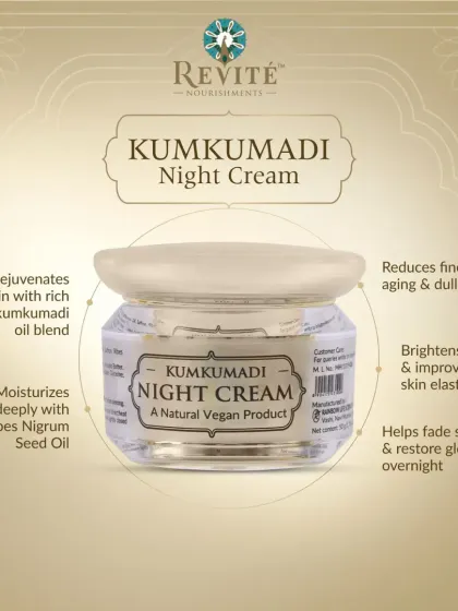 My Kumkumadi Night Cream rejuvenates skin with a rich Kumkumadi oil blend, moisturizes deeply with Ribes Nigrum Seed Oil, and helps fade scars to restore your glow overnight.