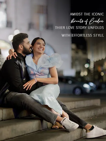A candid, happy moment on the steps in London. Their smiles show how comfortable and confident they feel in the looks we've curated for them.