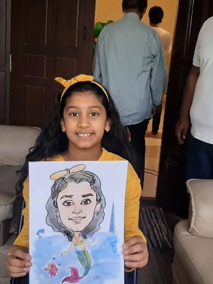 This young girl was transformed into a beautiful mermaid in her custom caricature, a magical souvenir from a birthday party.