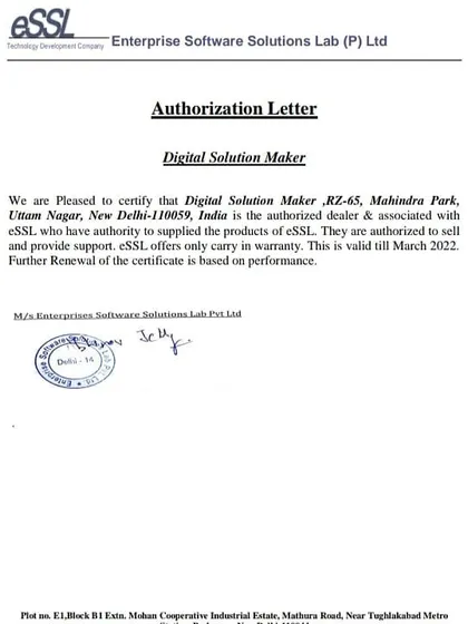 This is my authorization letter from eSSL, certifying that my company, Digital Solution Maker, is an authorized dealer and service provider for their security products.