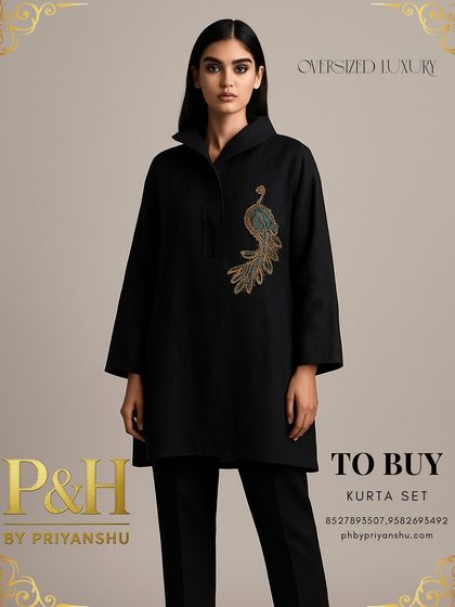 A full-length view of the black linen kurta set, capturing the model's poised stance and the garment's modern, minimalist appeal.