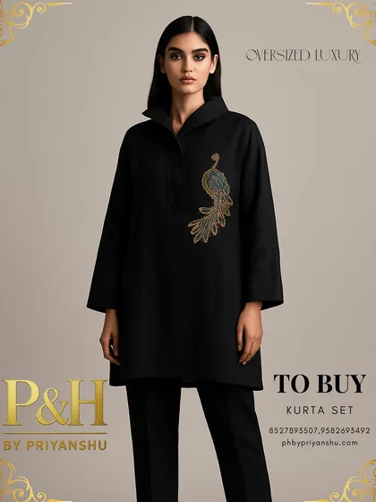 A full-length view of the black linen kurta set, capturing the model's poised stance and the garment's modern, minimalist appeal.