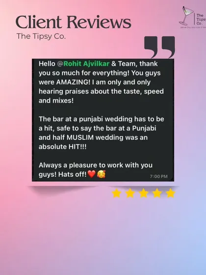 A screenshot of a client's glowing review, calling the bar at their Punjabi and Muslim wedding an "absolute HIT" and praising the taste, speed, and mixes.