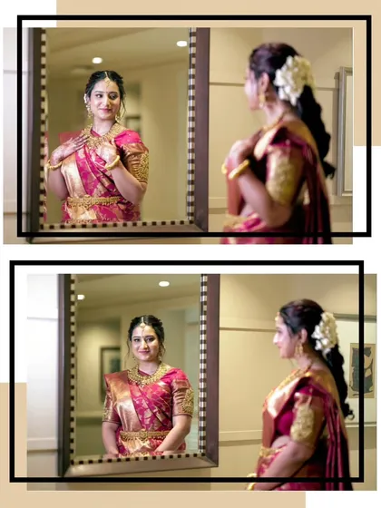 A lovely diptych of the bride looking in the mirror. This classic getting-ready shot captures her reflection and her serene expression as she prepares for her big day.
